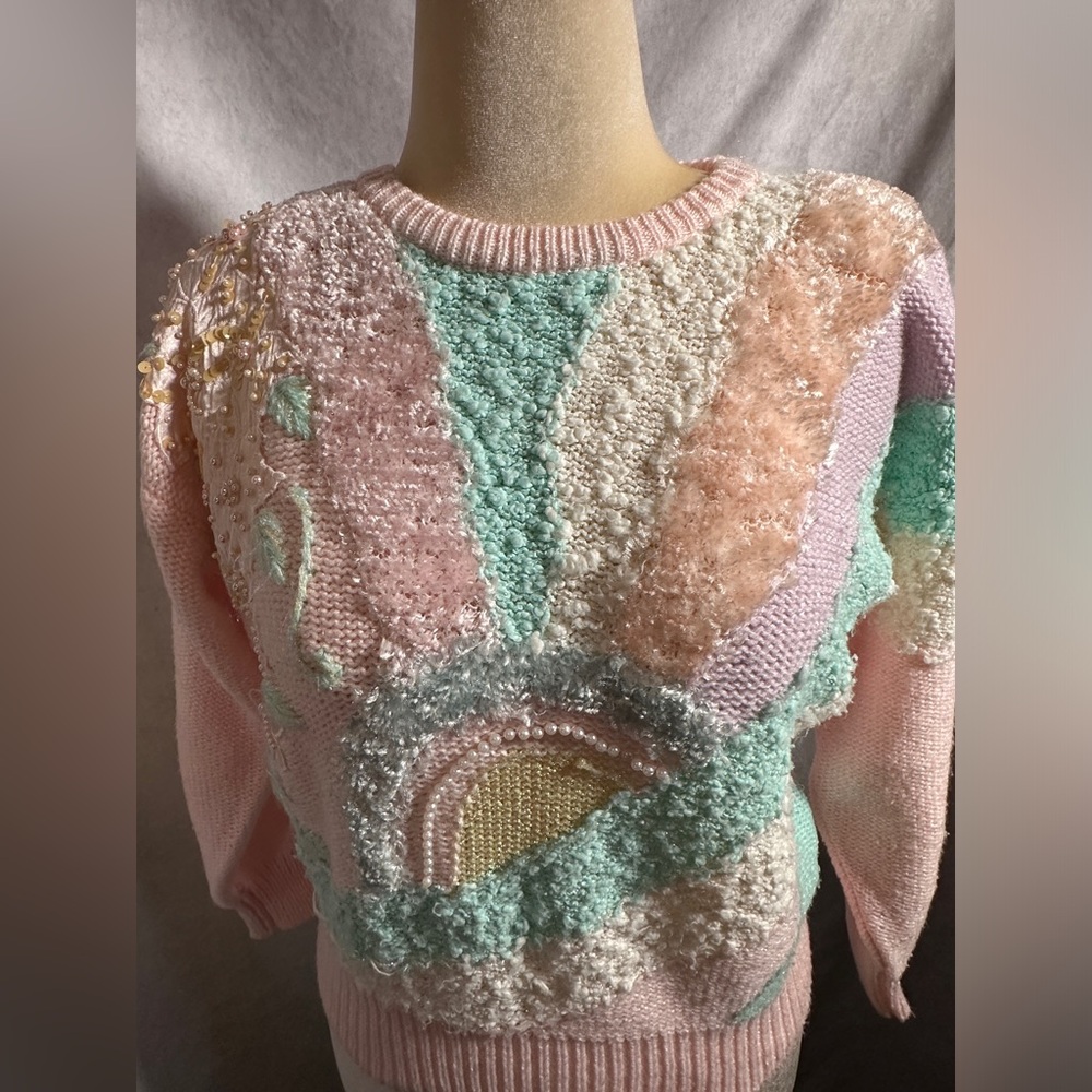 Vintage Jaclyn Smith Pastel Applique Beaded Sweater 80s Vaporwave 1980s Pink - Picture 2 of 6